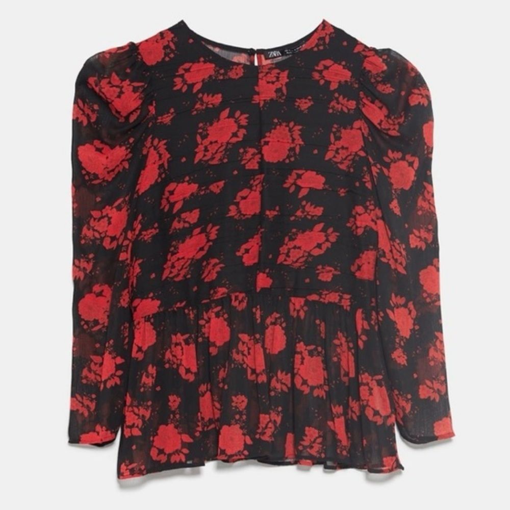 Zara Rose Floral Semi-Sheer Chiffon Puff Sleeve Peplum Blouse - Picture 12 of 12